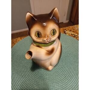 Vintage CMI 8.5" Porcelain Kitty Cat Teapot w/ Green Collar Made in Japan 1972